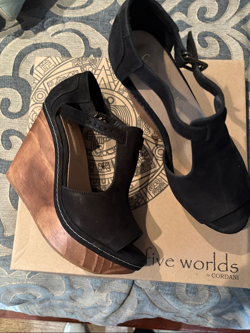 Black Suede Wood Wedge Sandals - Women's by five worlds